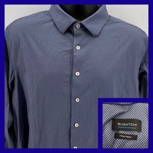 BUGATCHI Mens Blue Geometric Print OOOHCotton Tech Button Shirt 8 Way Stretch XL